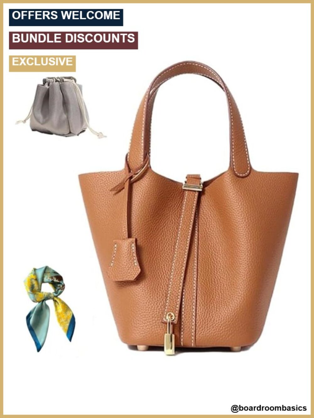 Genuine Leather Bucket Bag for Women Lock Shoulder Handbag Versatile Tote
